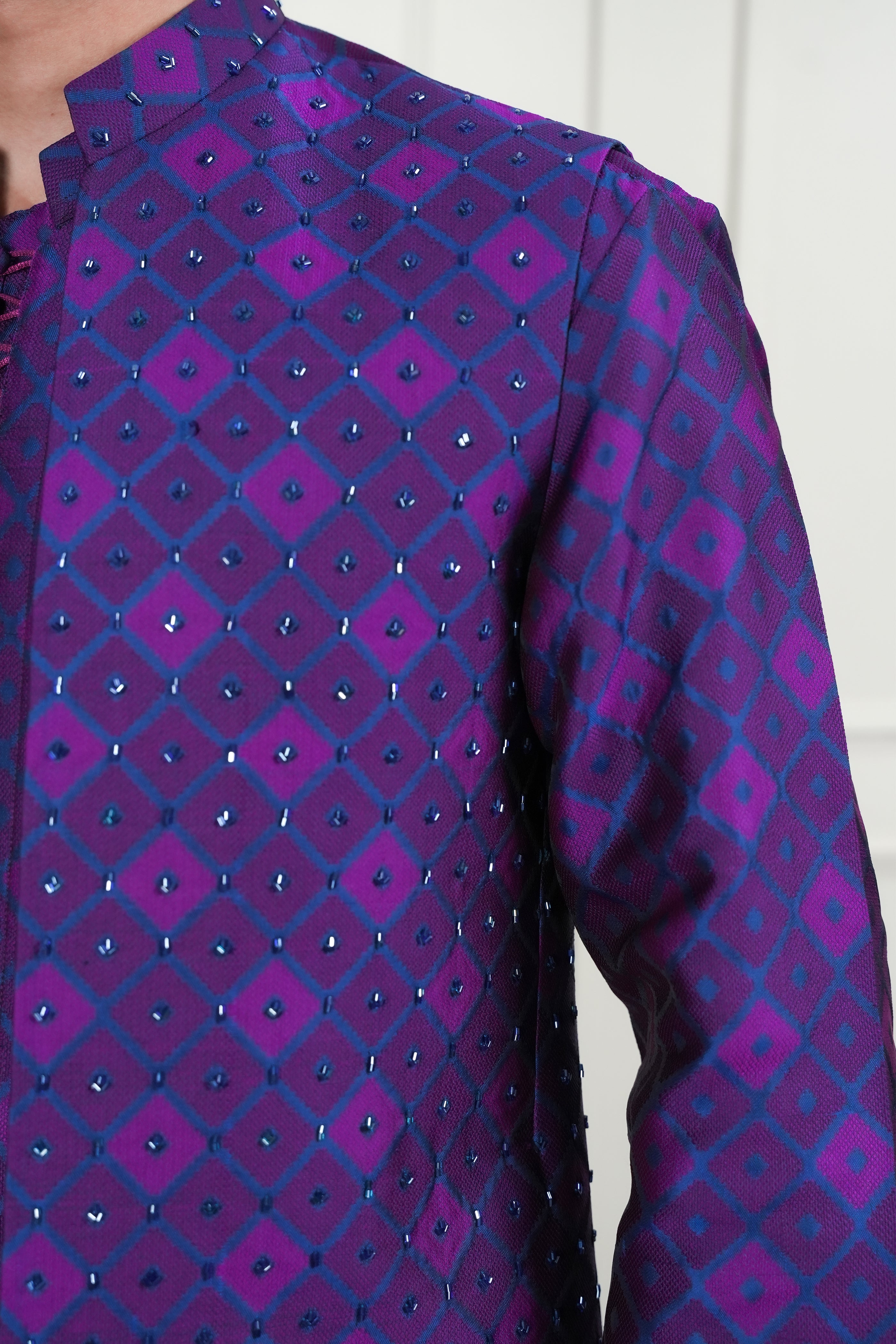 Purple Cutdana Self Jamawar Waistcoat Kurta (3-Piece) - Image 4