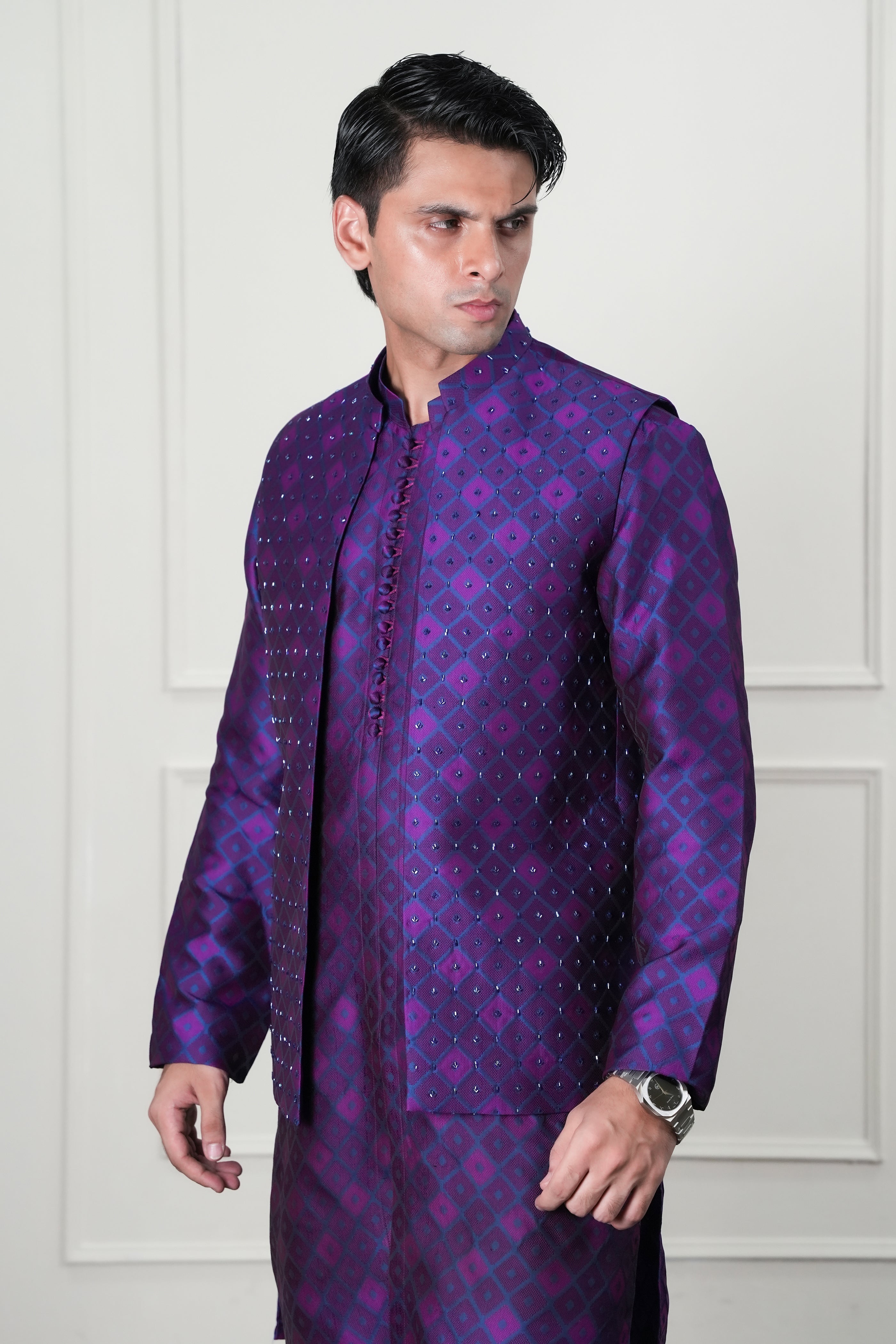 Purple Cutdana Self Jamawar Waistcoat Kurta (3-Piece) - Image 6