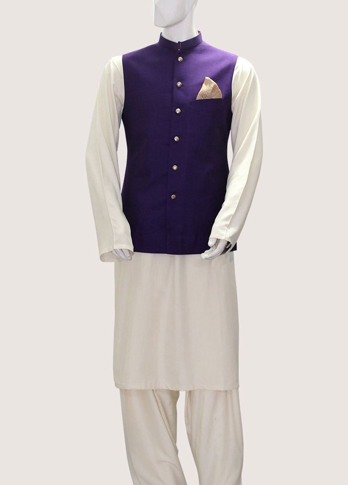 Deep Purple Waistcoat Kurta Pajama (3-Piece) - Image 1
