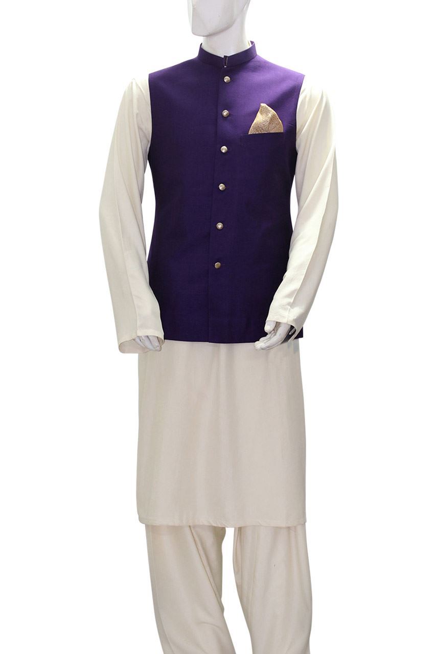 Deep Purple Waistcoat Kurta Pajama (3-Piece) - Image 2