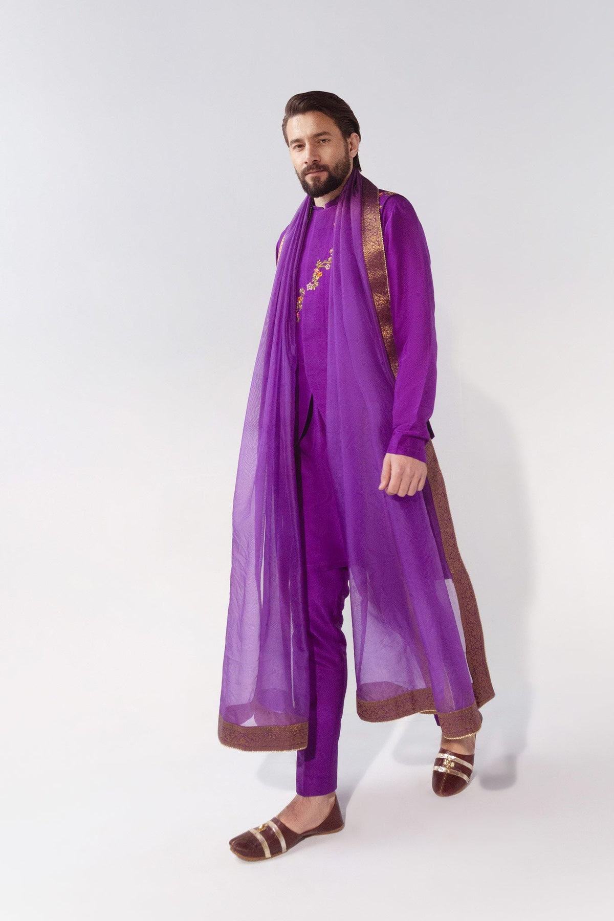 Purple Embroidered Waistcoat Kurta Set (4-Piece) - Image 1