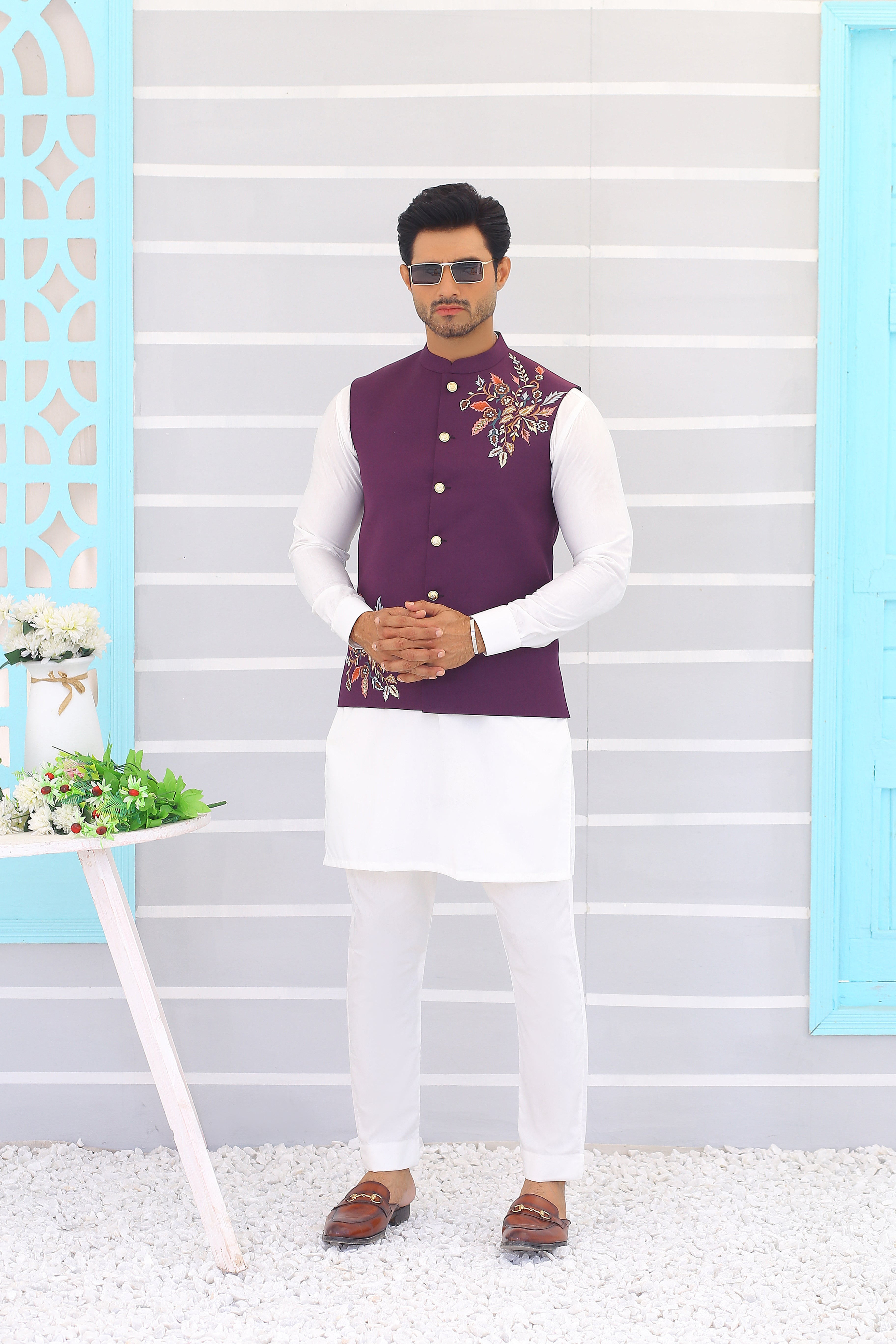 Lavender Embroidered Poly-Viscose Waistcoat (3-Piece) - Image 1