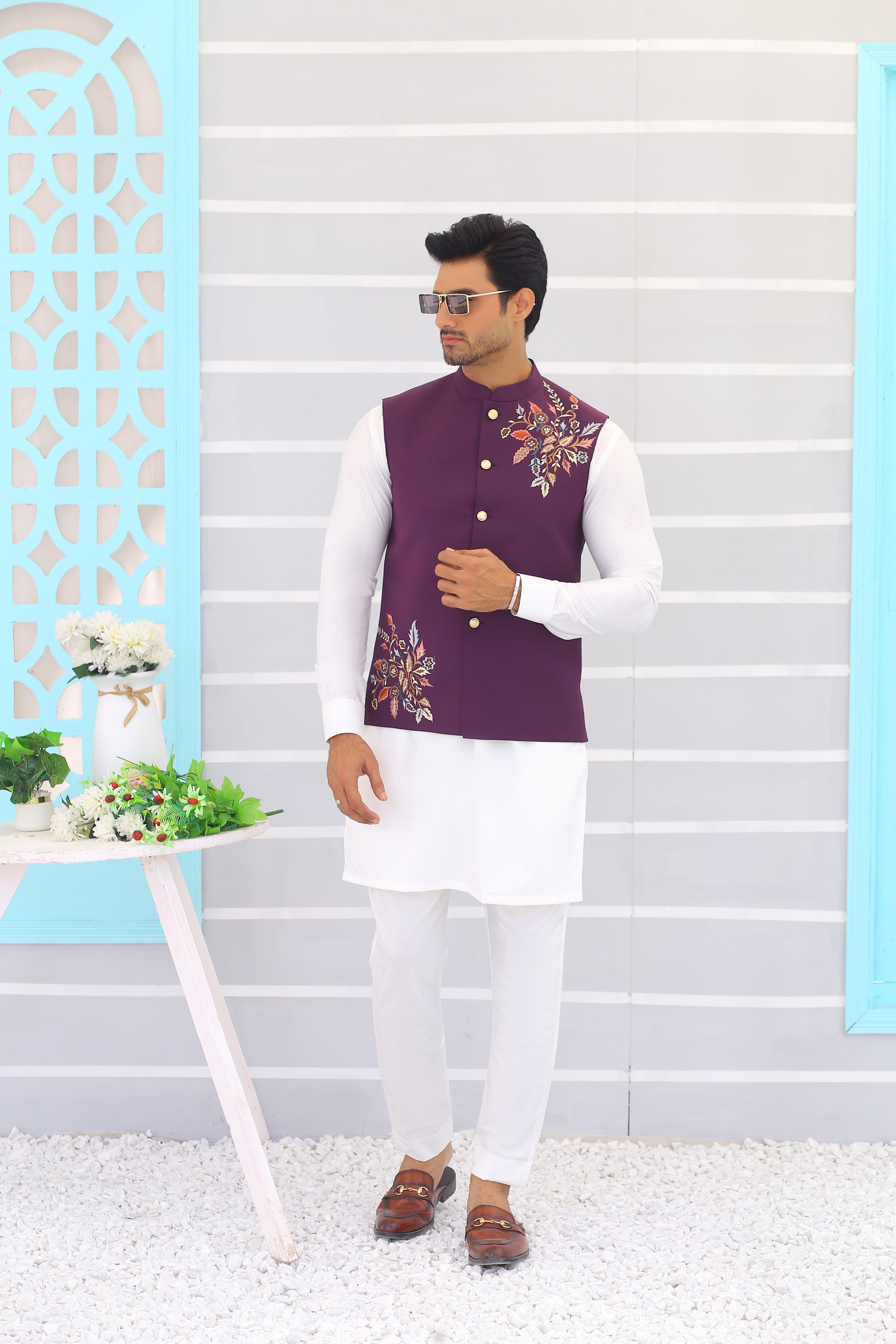 Lavender Embroidered Poly-Viscose Waistcoat (3-Piece) - Image 2