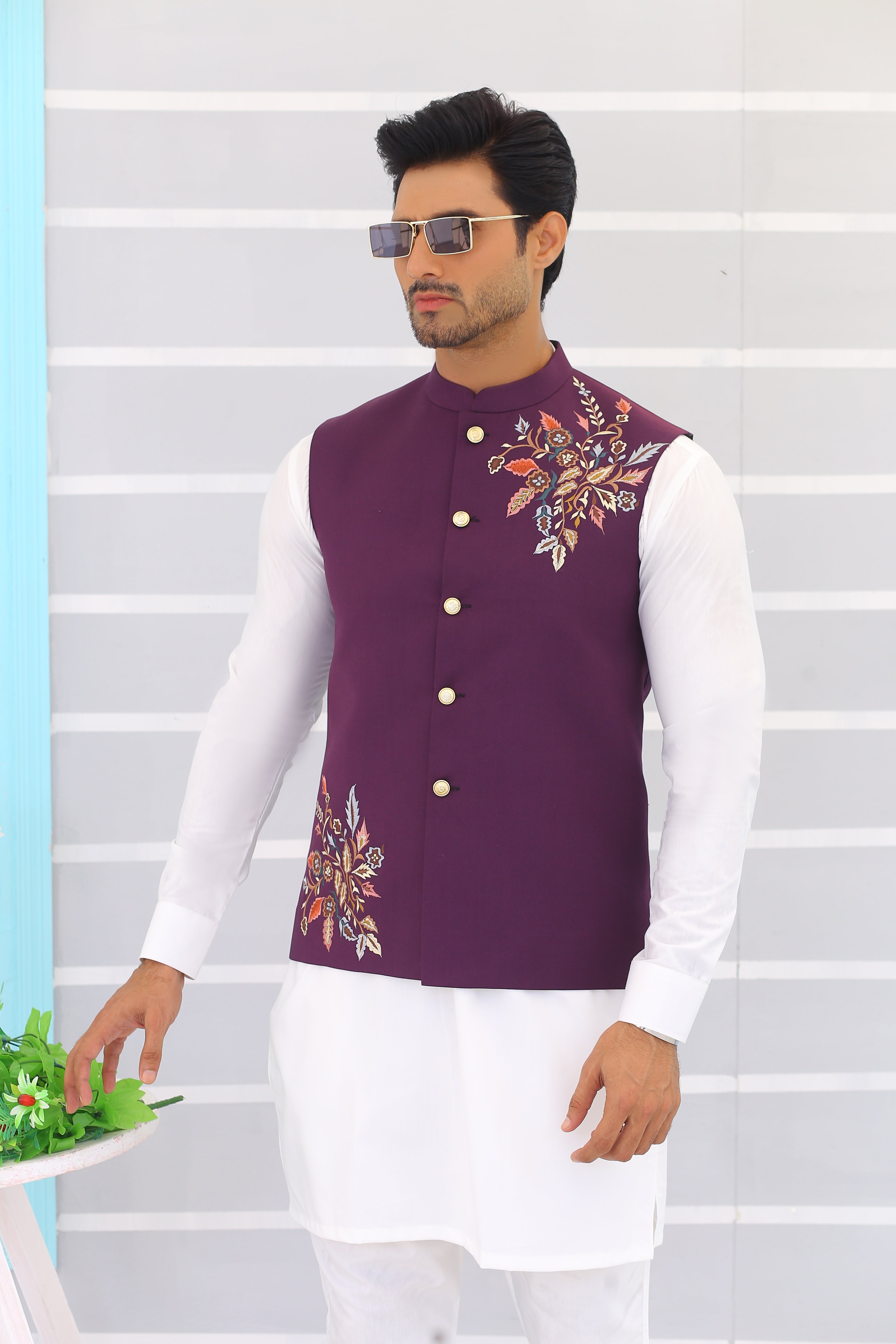 Lavender Embroidered Poly-Viscose Waistcoat (3-Piece) - Image 3
