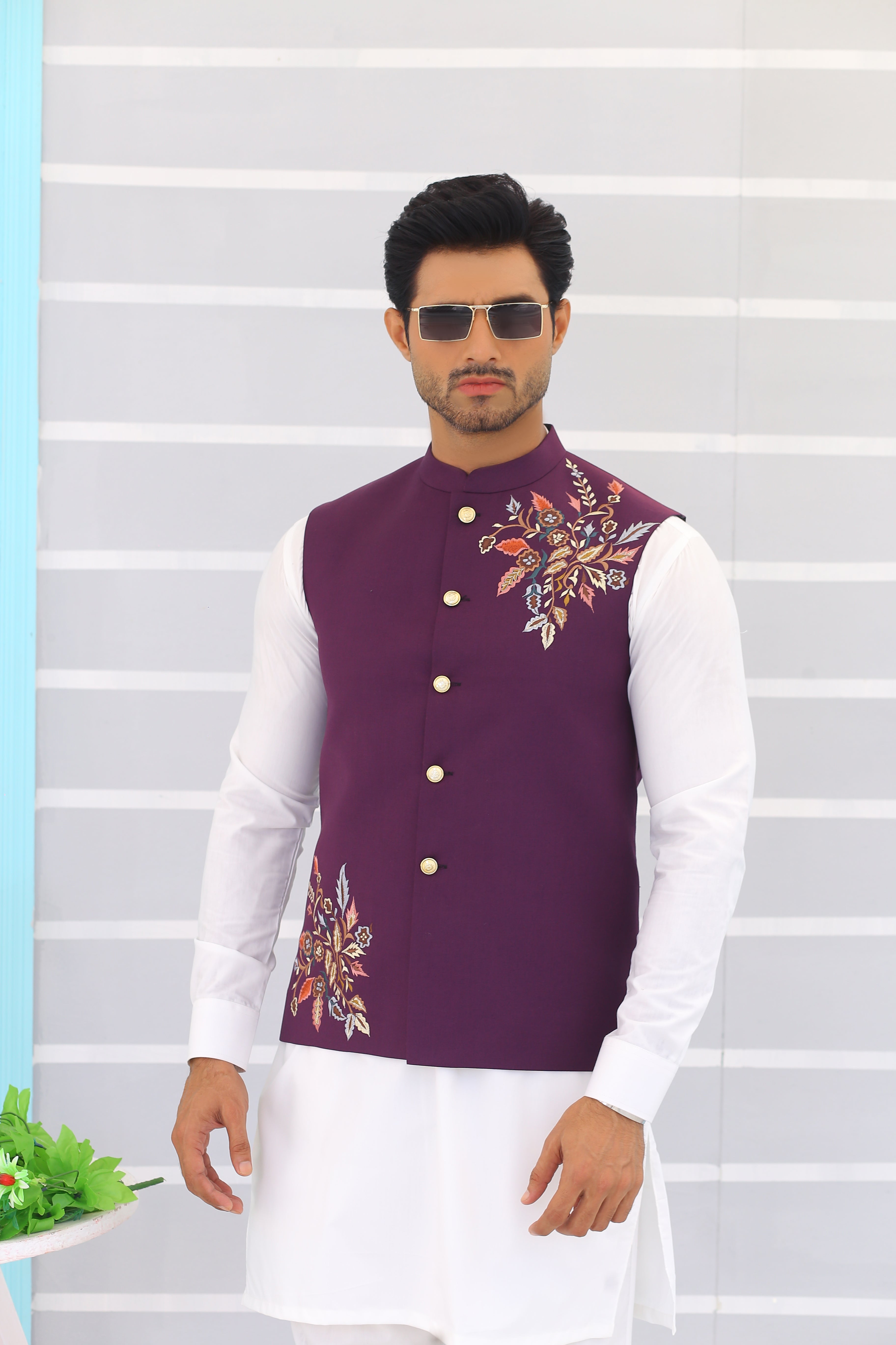 Lavender Embroidered Poly-Viscose Waistcoat (3-Piece) - Image 4