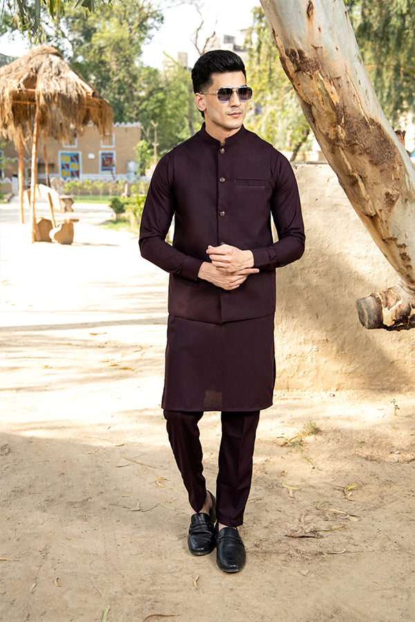 Plum Poly-Viscose Waistcoat Kurta (3-Piece) - Image 1