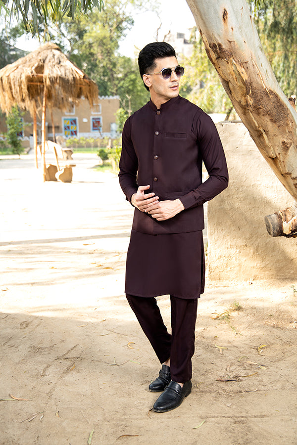 Plum Poly-Viscose Waistcoat Kurta (3-Piece) - Image 2