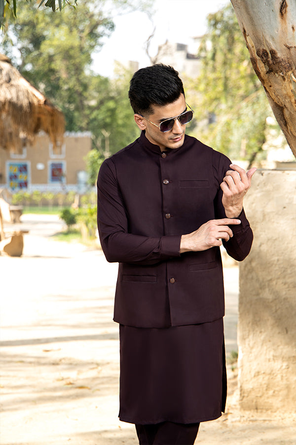 Plum Poly-Viscose Waistcoat Kurta (3-Piece) - Image 3