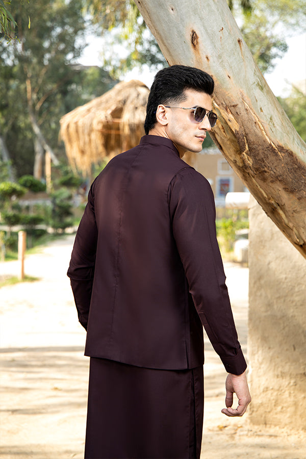 Plum Poly-Viscose Waistcoat Kurta (3-Piece) - Image 4
