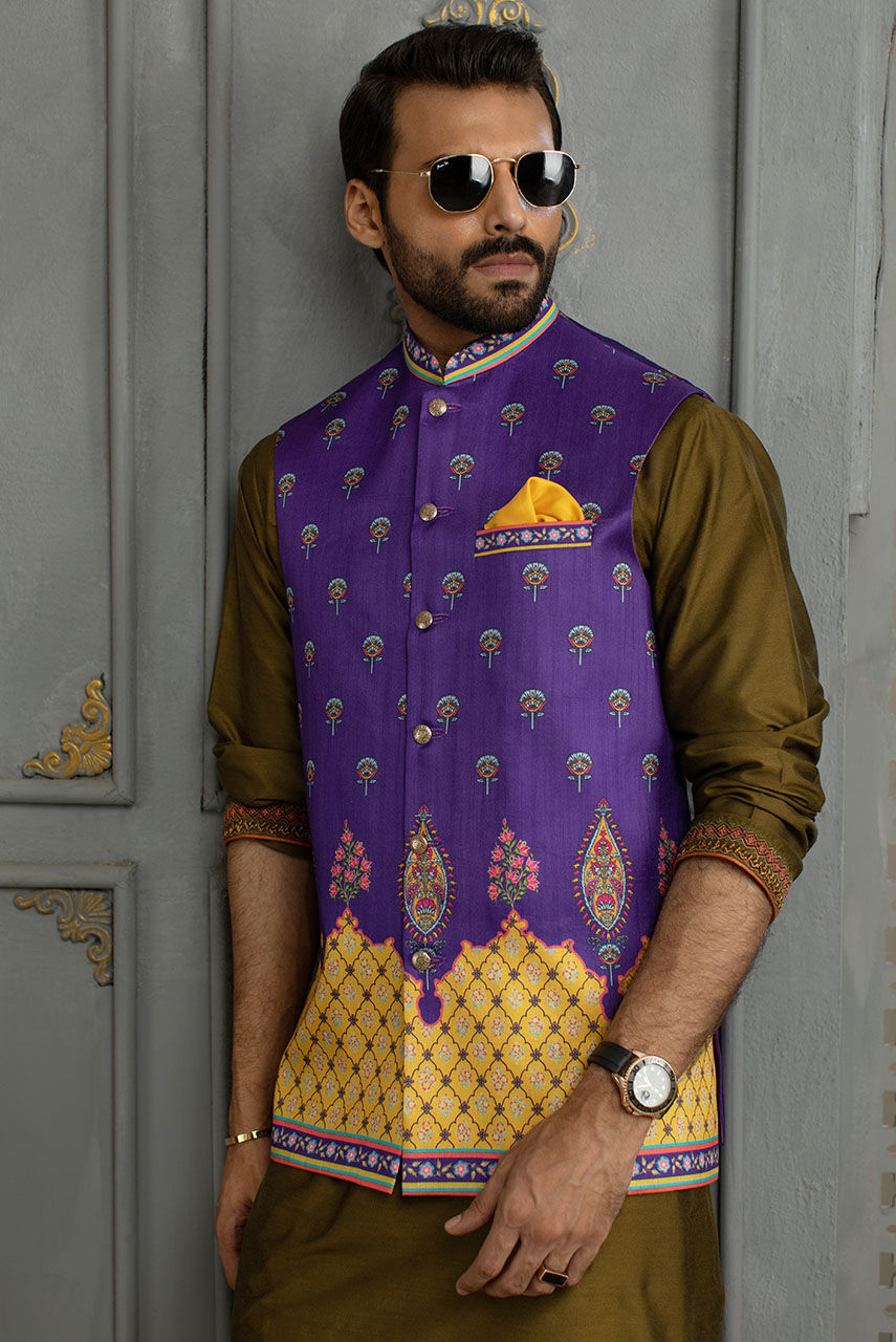 Purple Digital Print Raw Silk Waistcoat (3-Piece) - Image 2