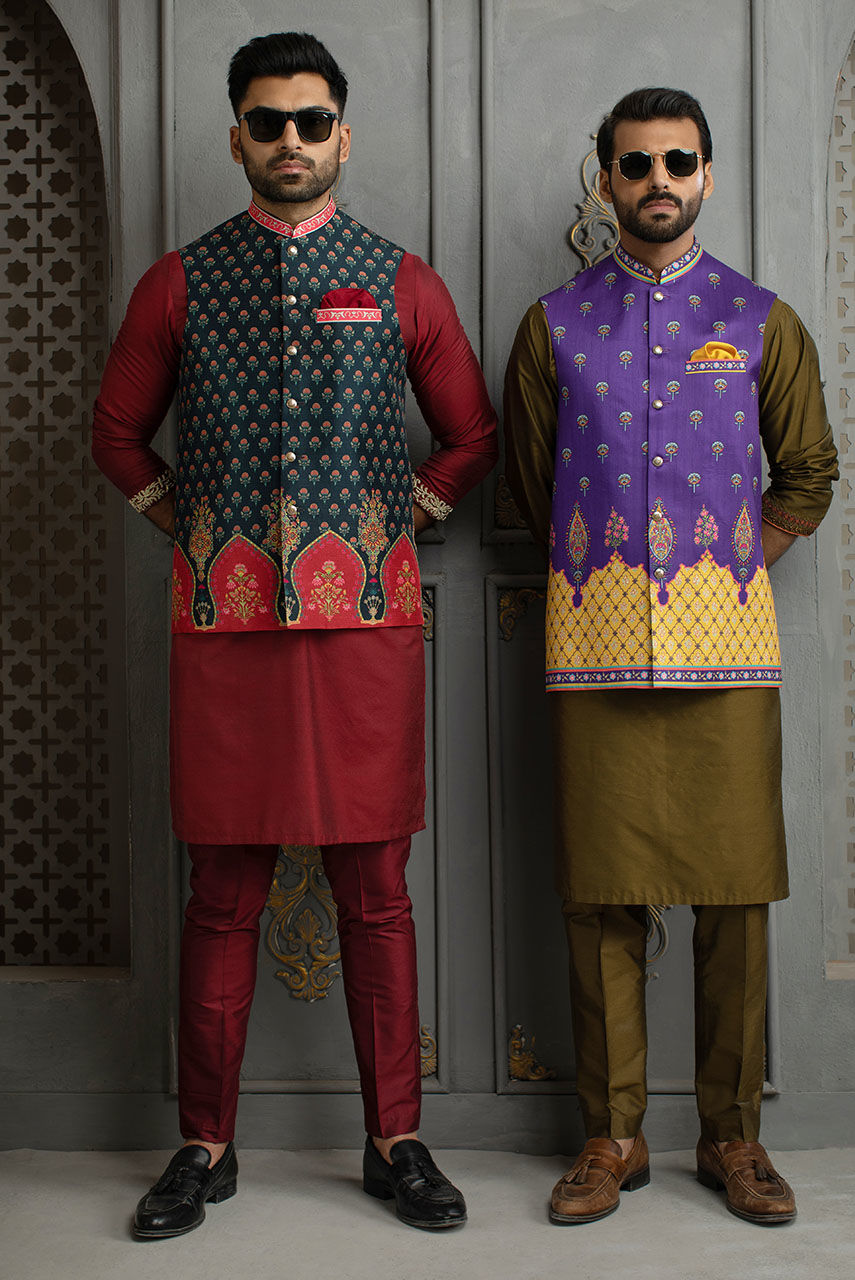 Purple Digital Print Raw Silk Waistcoat (3-Piece) - Image 3