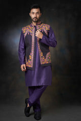 Purple Embroidered Raw Silk Waistcoat Kurta (3-Piece) - Image 2