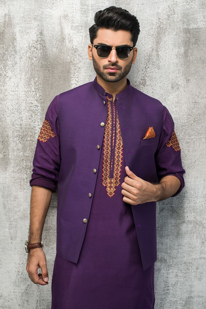 Purple Embroidered Raw Silk Waistcoat Kurta (3-Piece) - Image 1