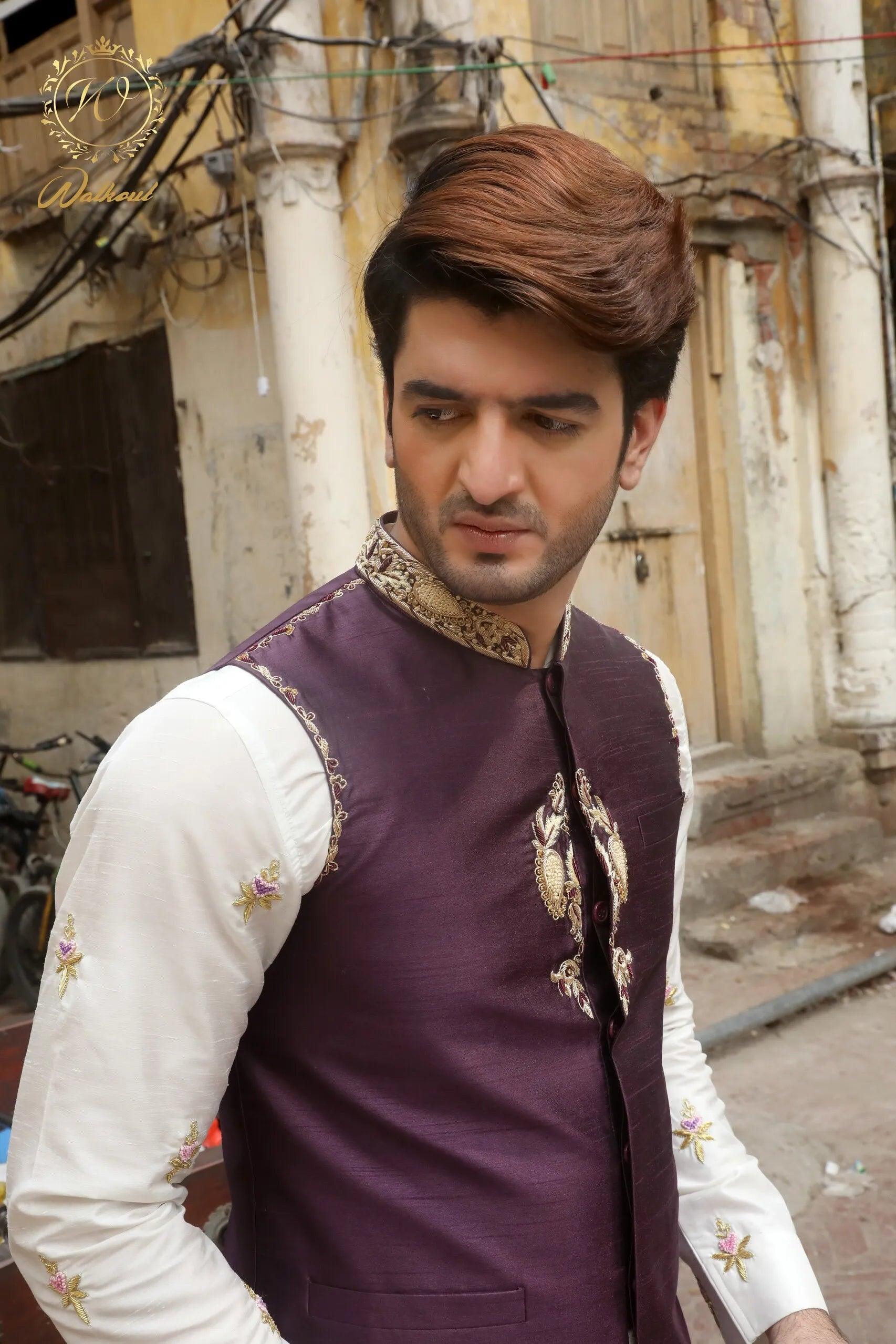 Purple Ada Work Silk Waistcoat Kurta (3-Piece) - Image 2