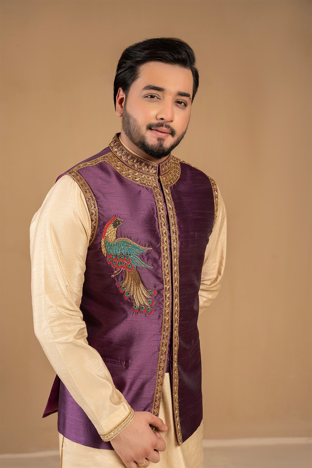 Deep Purple Adda Work Silk Waistcoat (3-Piece) - Image 4