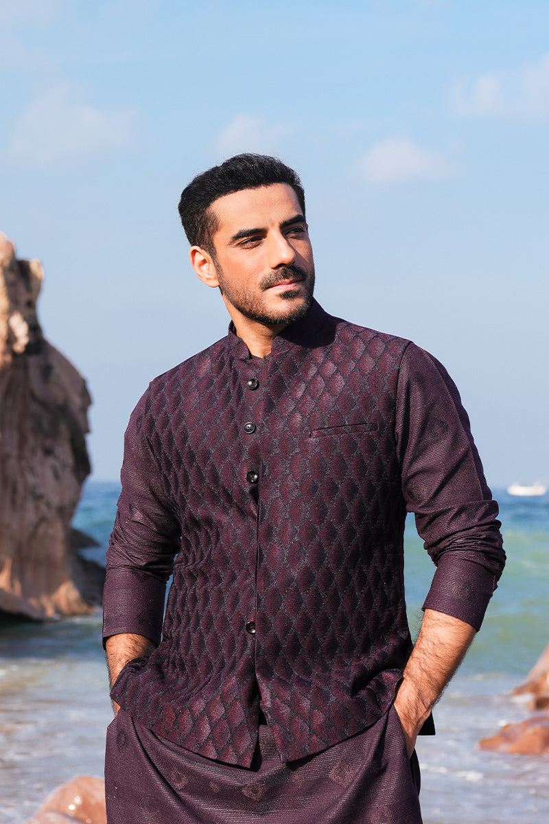 Plum Embroidered Silk-Blend Waistcoat Kurta (3-Piece) - Image 1