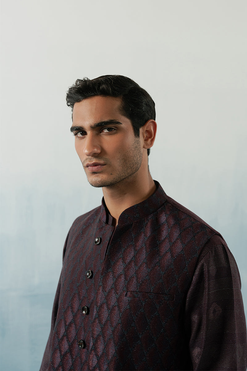 Plum Embroidered Silk-Blend Waistcoat Kurta (3-Piece) - Image 11