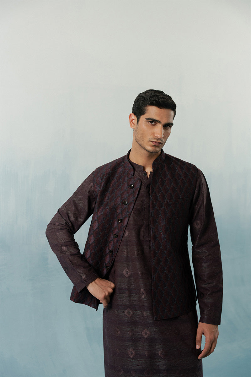 Plum Embroidered Silk-Blend Waistcoat Kurta (3-Piece) - Image 2