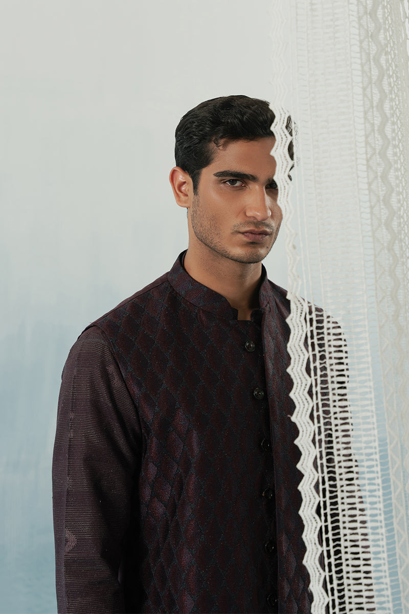 Plum Embroidered Silk-Blend Waistcoat Kurta (3-Piece) - Image 4