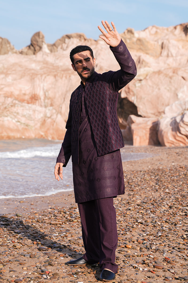 Plum Embroidered Silk-Blend Waistcoat Kurta (3-Piece) - Image 5
