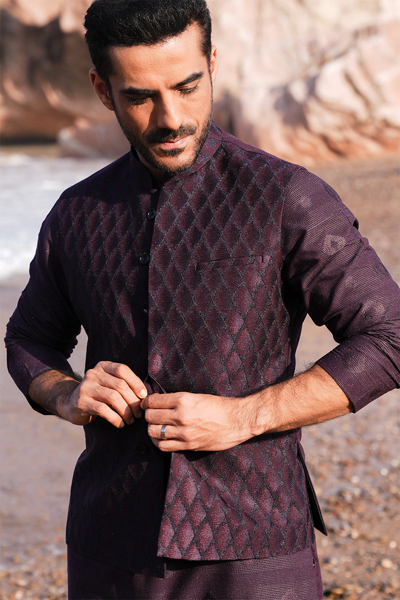 Plum Embroidered Silk-Blend Waistcoat Kurta (3-Piece) - Image 6