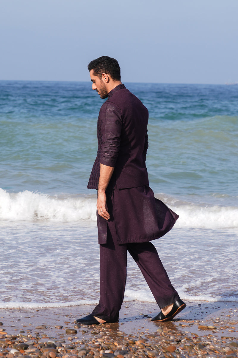 Plum Embroidered Silk-Blend Waistcoat Kurta (3-Piece) - Image 7