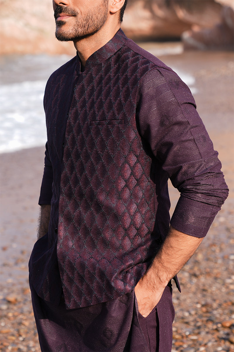 Plum Embroidered Silk-Blend Waistcoat Kurta (3-Piece) - Image 8