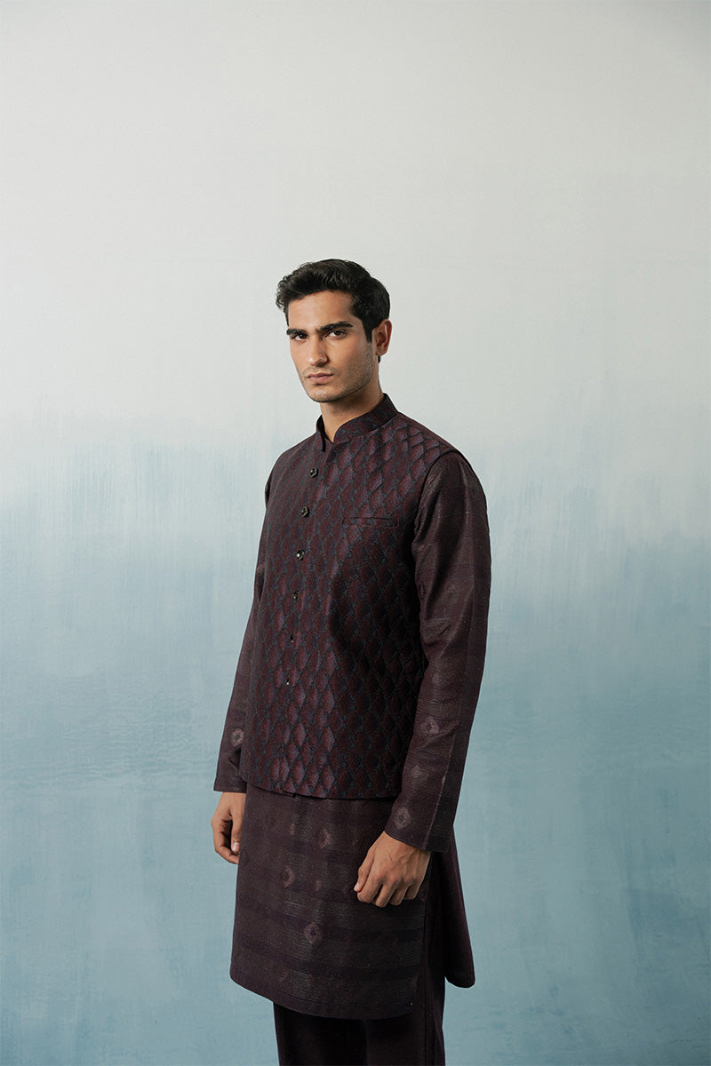 Plum Embroidered Silk-Blend Waistcoat Kurta (3-Piece) - Image 9
