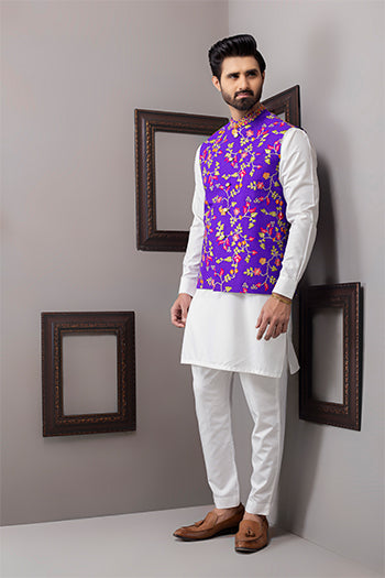 Purple Embroidered Silk-Blend Waistcoat (3-Piece) - Image 1