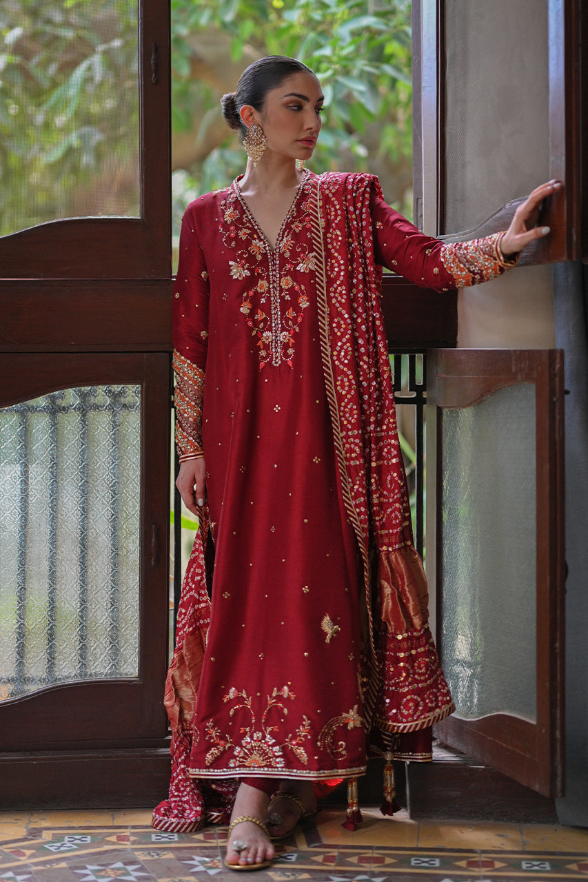 Berry Red Zardozi Raw Silk Anarkali Dress (3-Piece) - Image 1