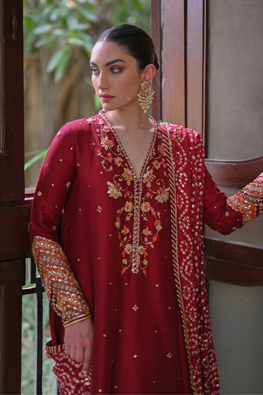 Berry Red Zardozi Raw Silk Anarkali Dress (3-Piece) - Image 2