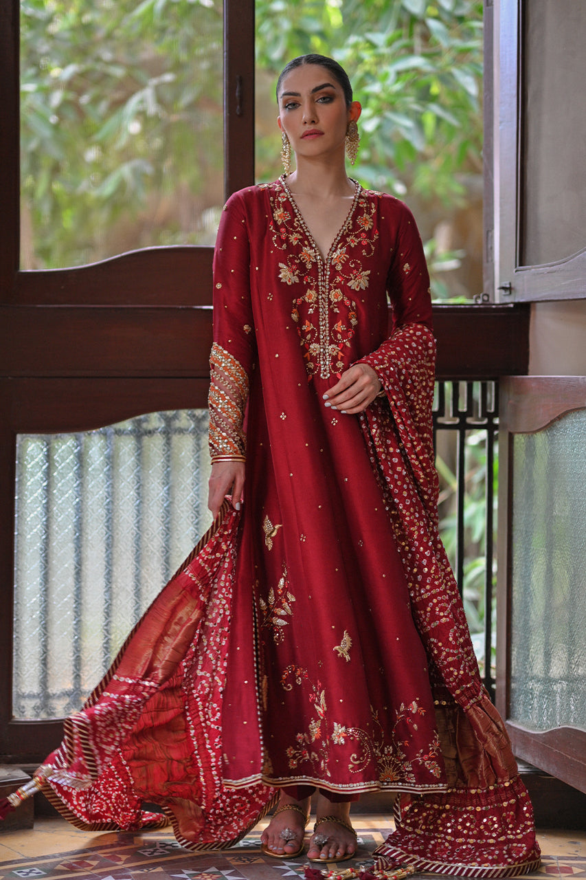 Berry Red Zardozi Raw Silk Anarkali Dress (3-Piece) - Image 3