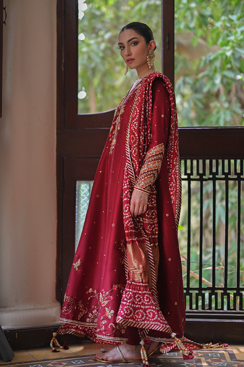Berry Red Zardozi Raw Silk Anarkali Dress (3-Piece) - Image 4