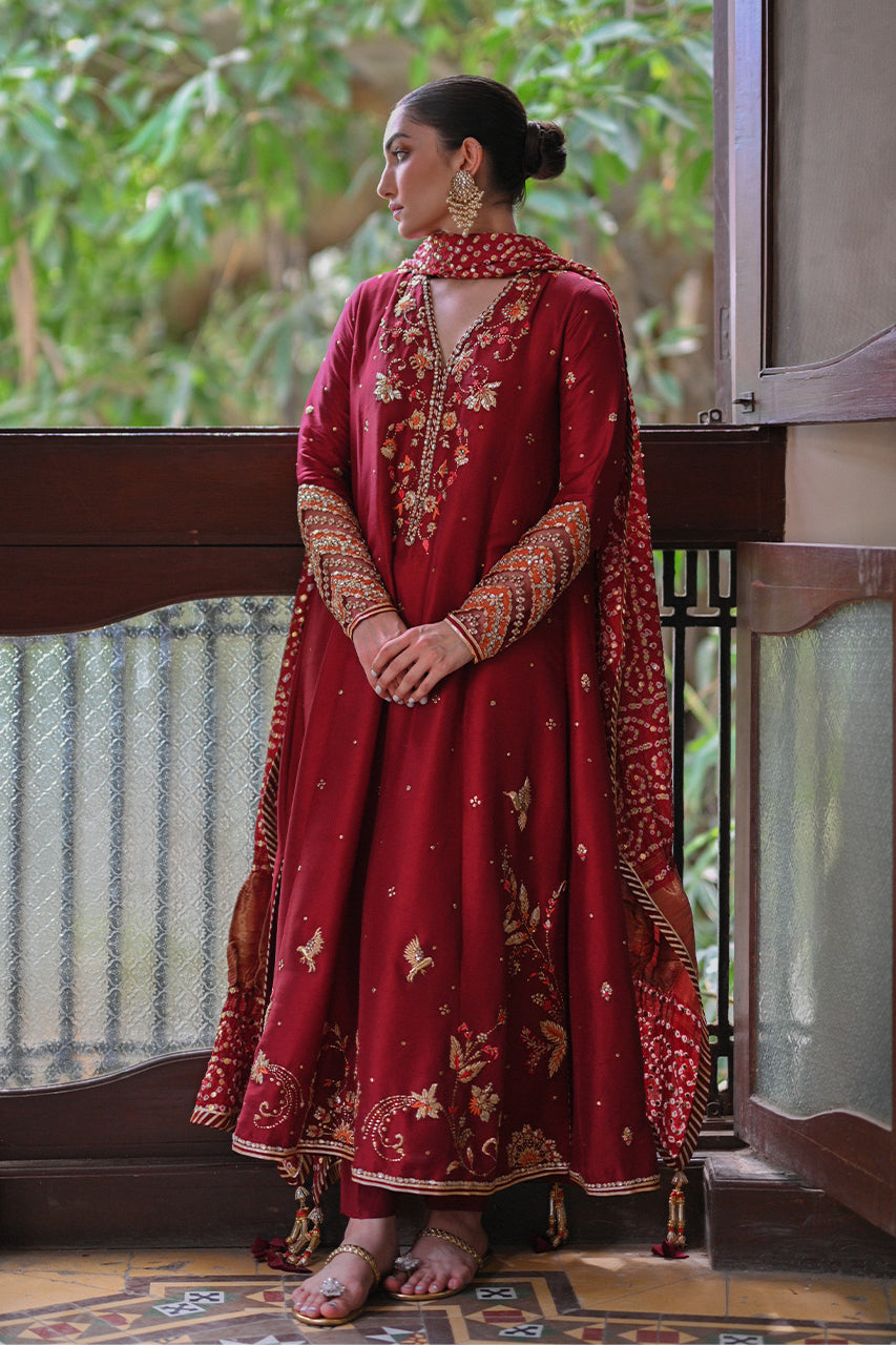 Berry Red Zardozi Raw Silk Anarkali Dress (3-Piece) - Image 5