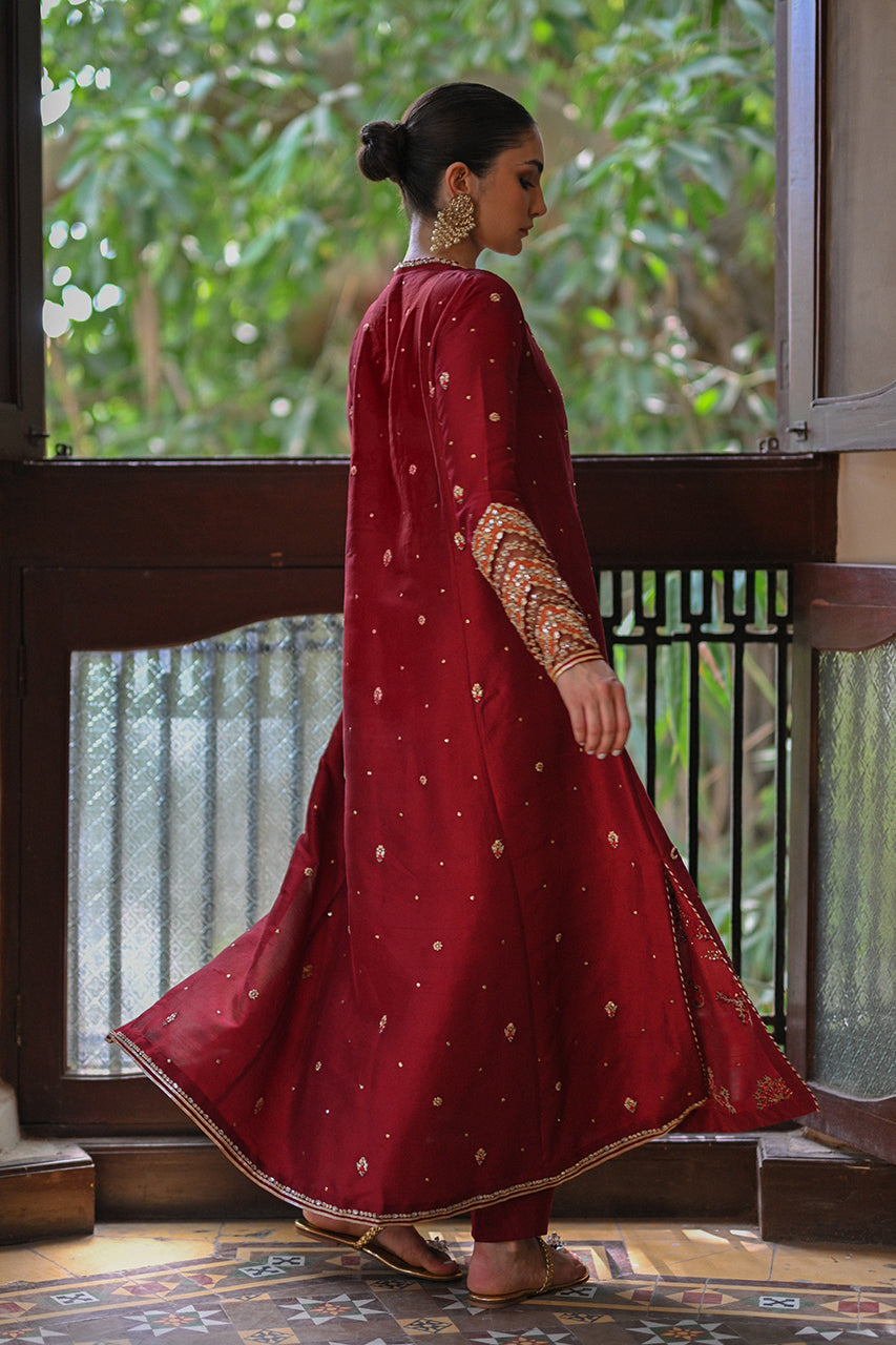 Berry Red Zardozi Raw Silk Anarkali Dress (3-Piece) - Image 7