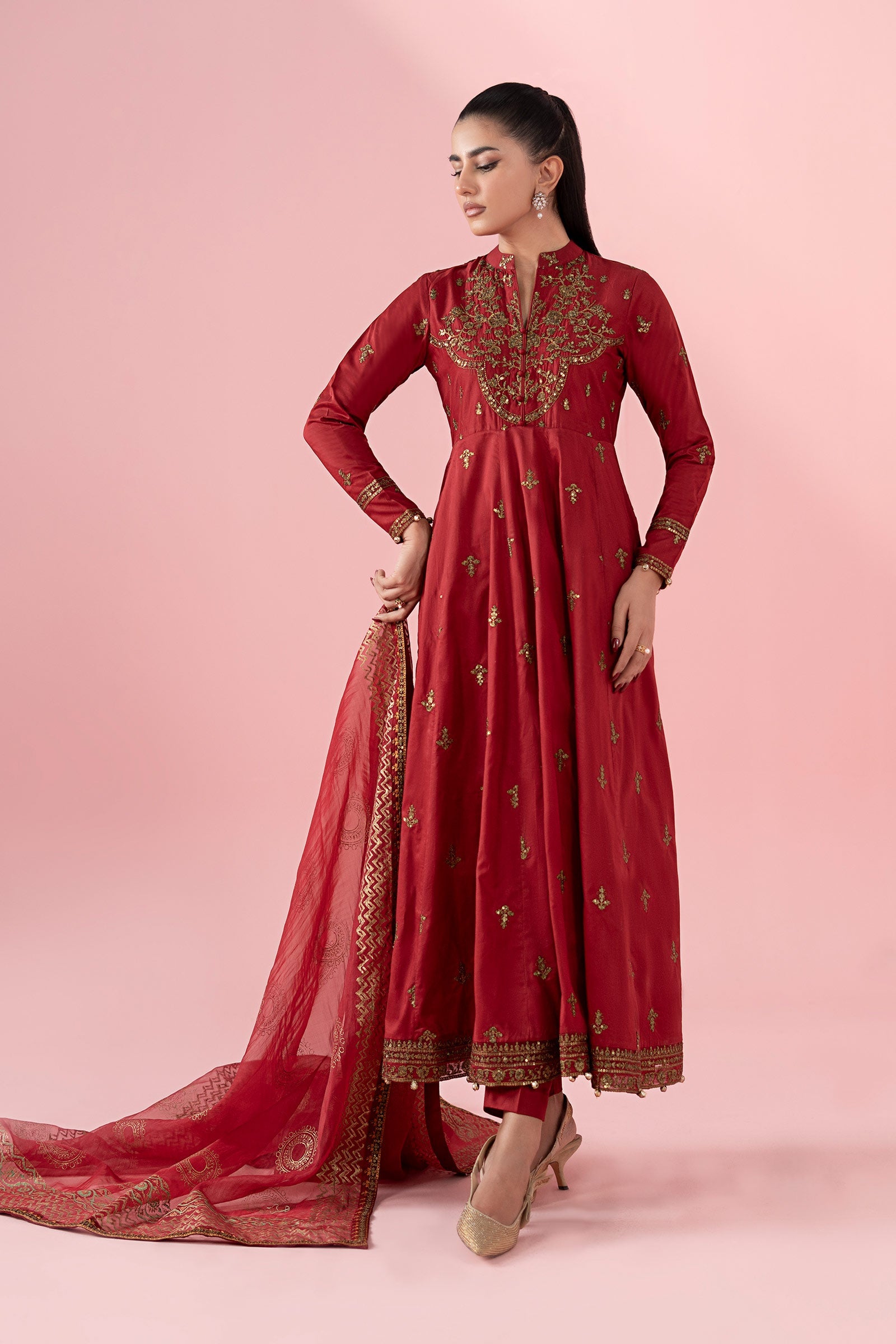 Pakistani Red Sequined Tilla Embroidered Lawn Anarkali (3-Piece) - Image 2