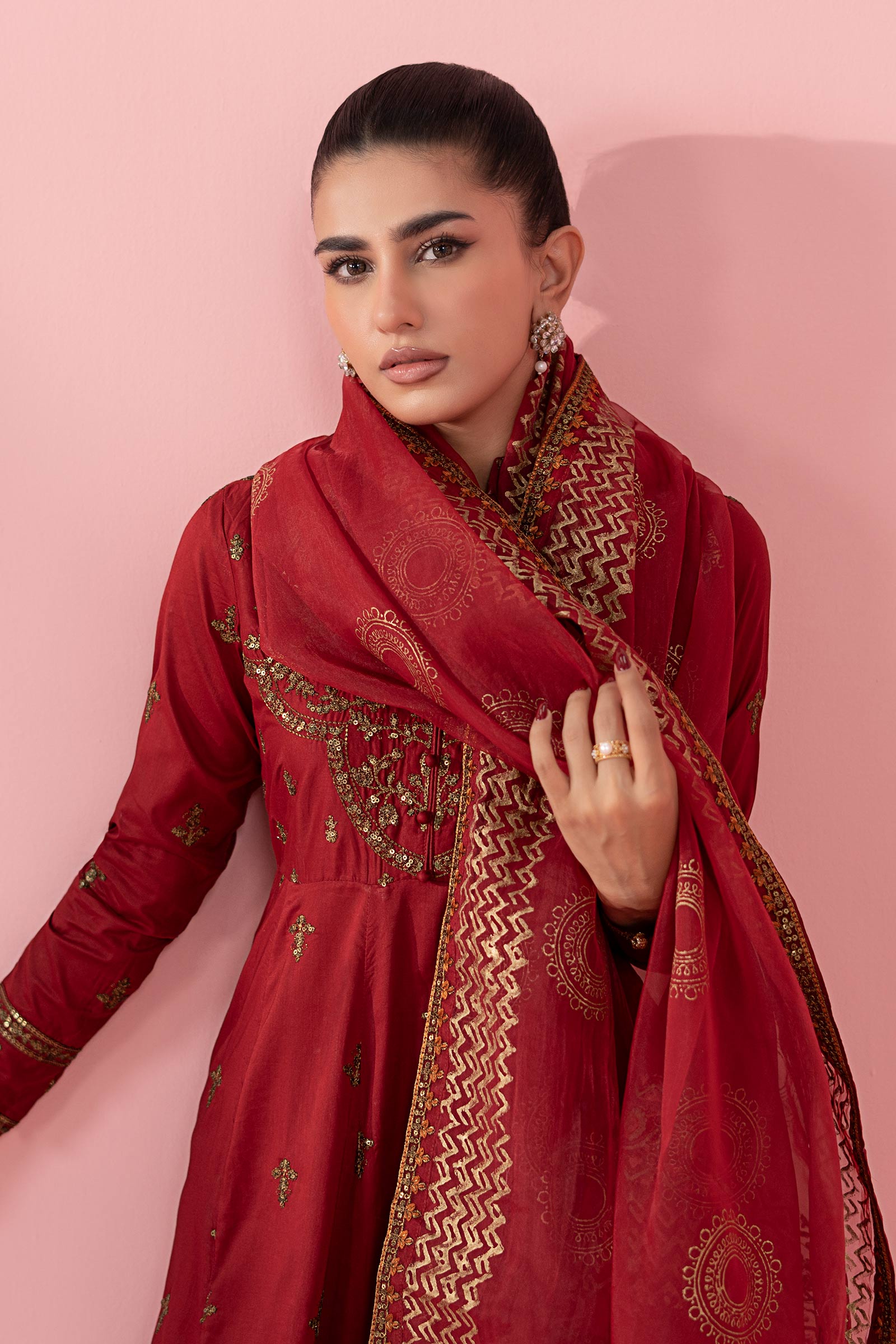 Pakistani Red Sequined Tilla Embroidered Lawn Anarkali (3-Piece) - Image 3