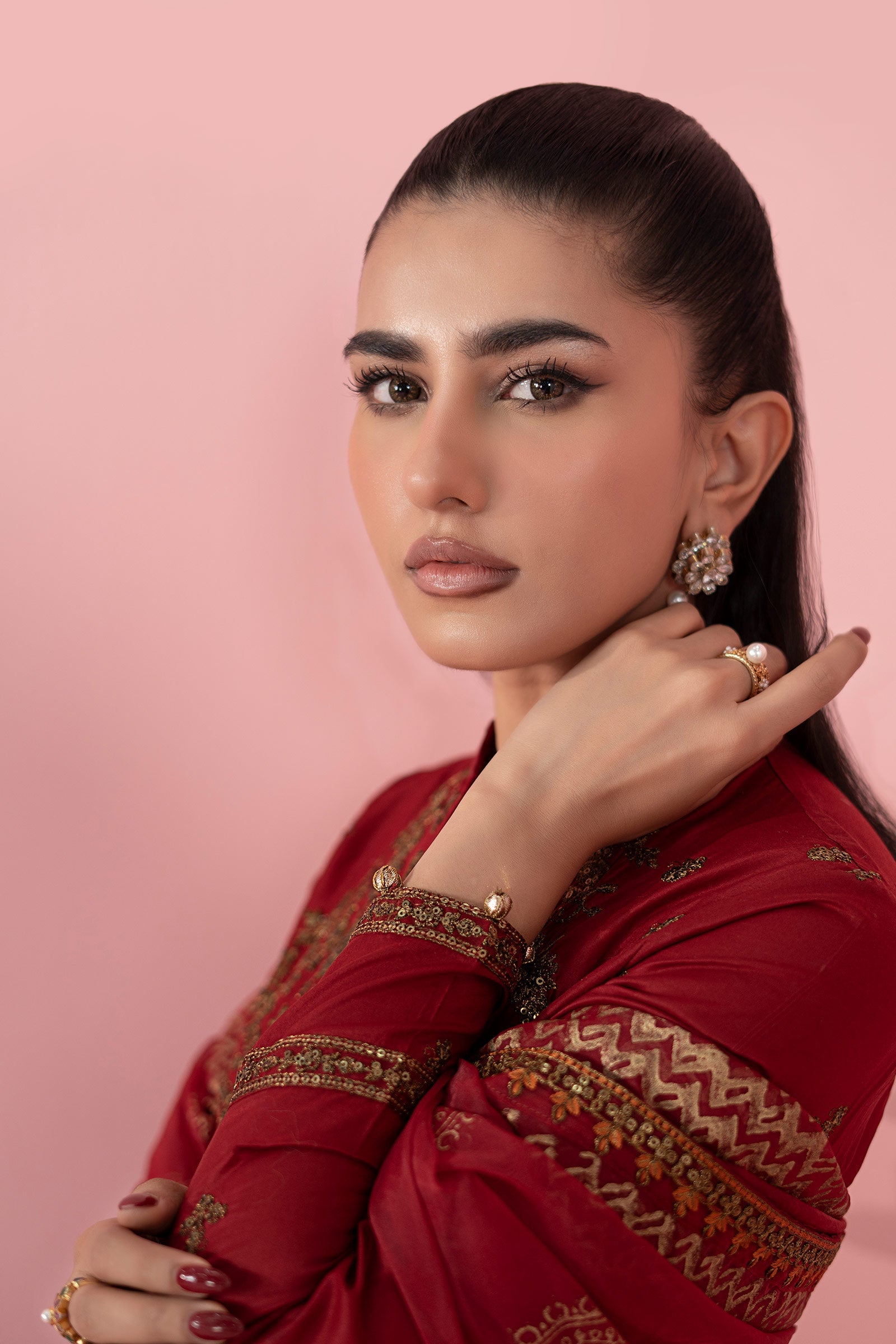 Pakistani Red Sequined Tilla Embroidered Lawn Anarkali (3-Piece) - Image 4