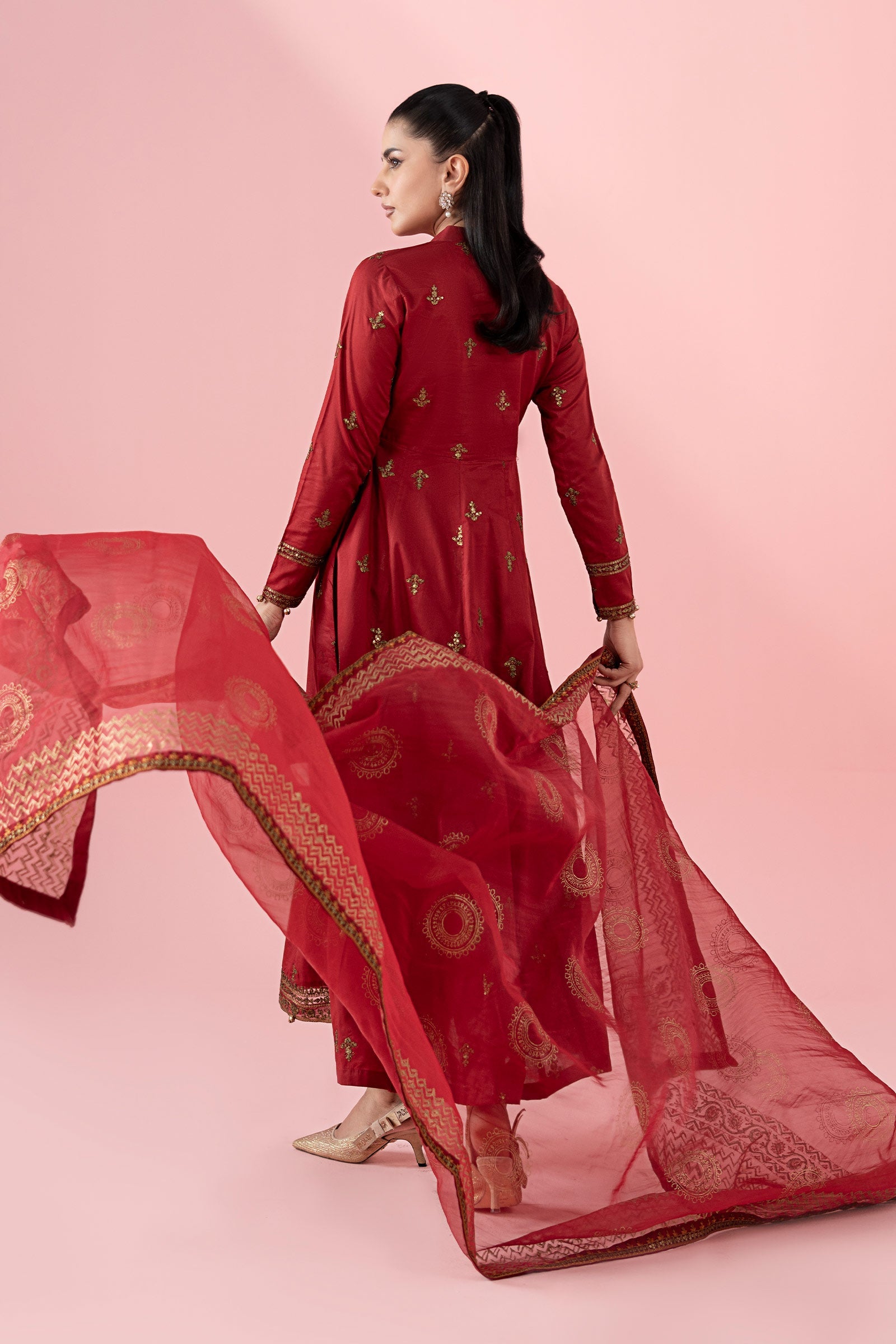 Pakistani Red Sequined Tilla Embroidered Lawn Anarkali (3-Piece) - Image 8