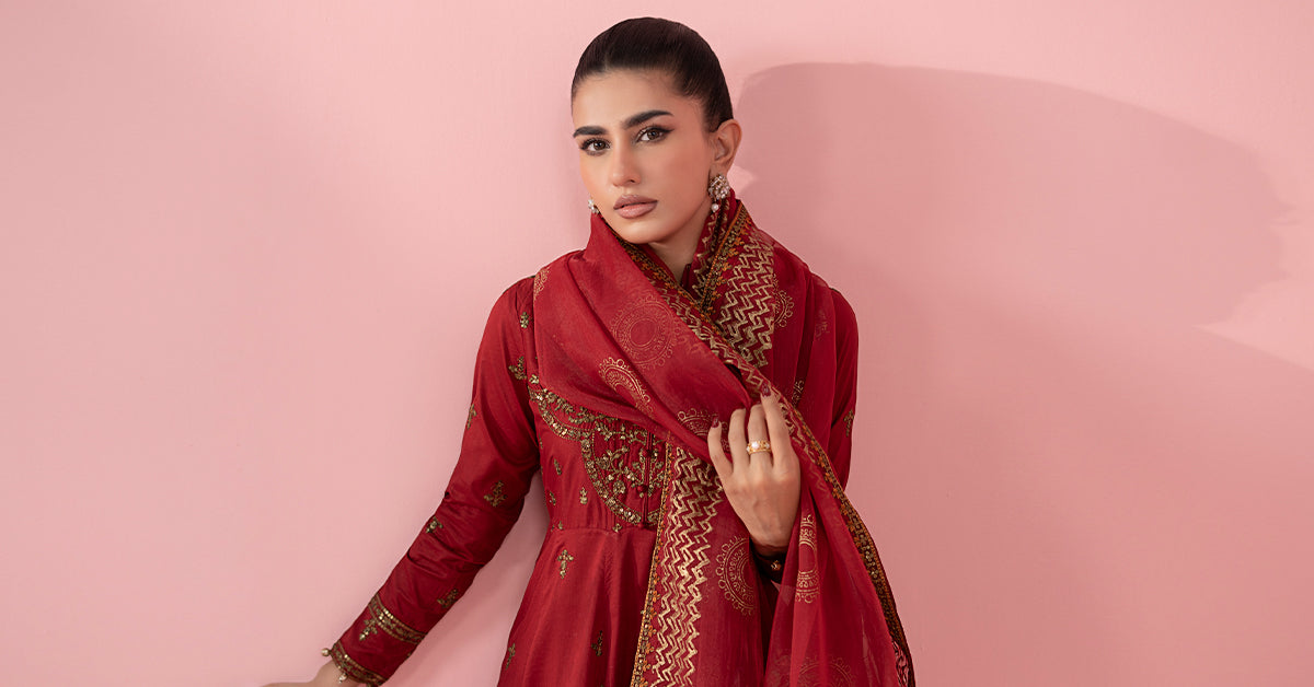 Pakistani Red Sequined Tilla Embroidered Lawn Anarkali (3-Piece) - Image 9