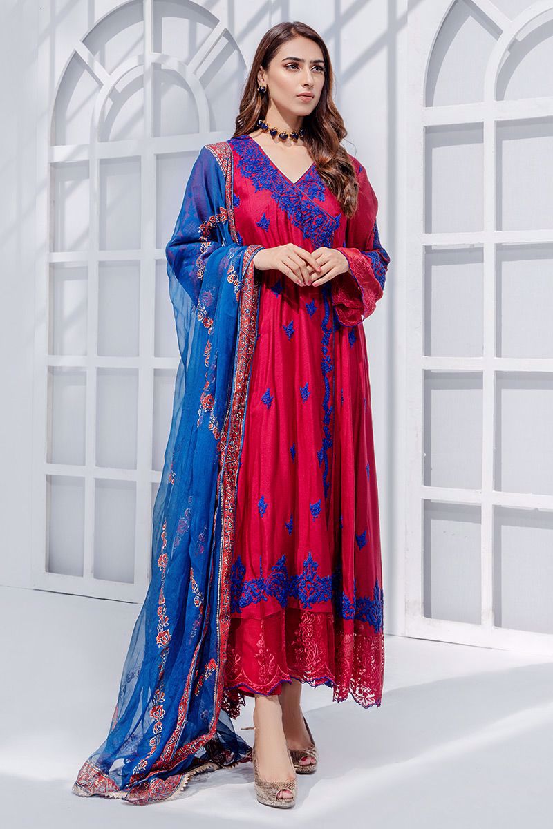 Pakistani Tango Red Embroidered Cotton Net Angarkha (2-Piece) - Image 1