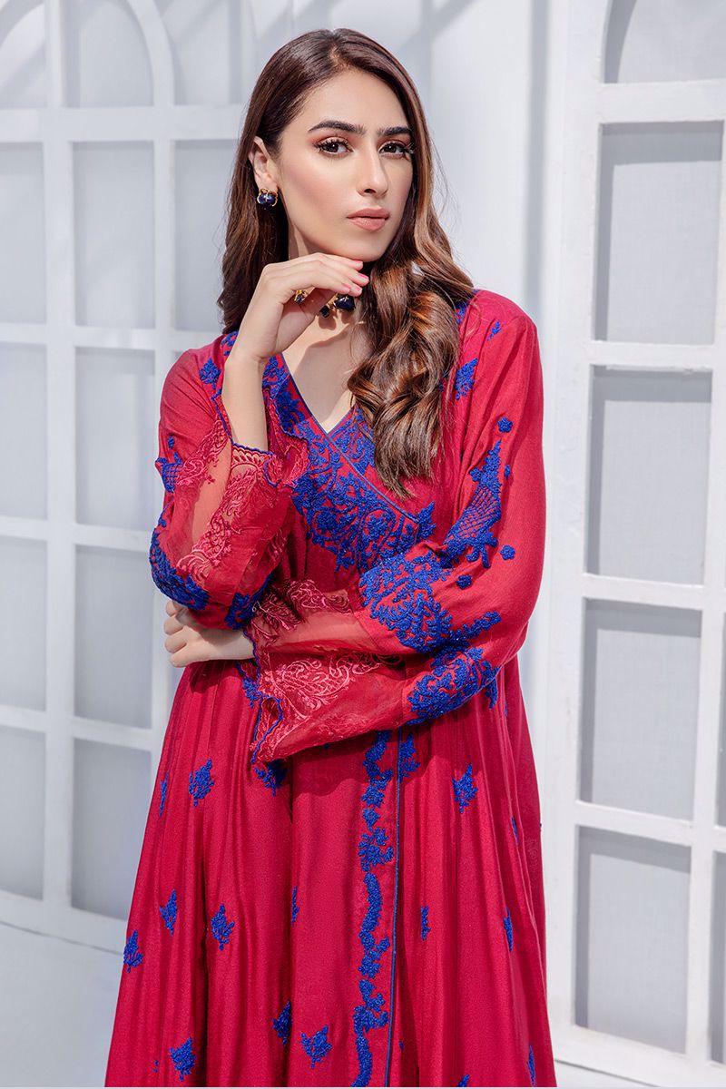 Pakistani Tango Red Embroidered Cotton Net Angarkha (2-Piece) - Image 4