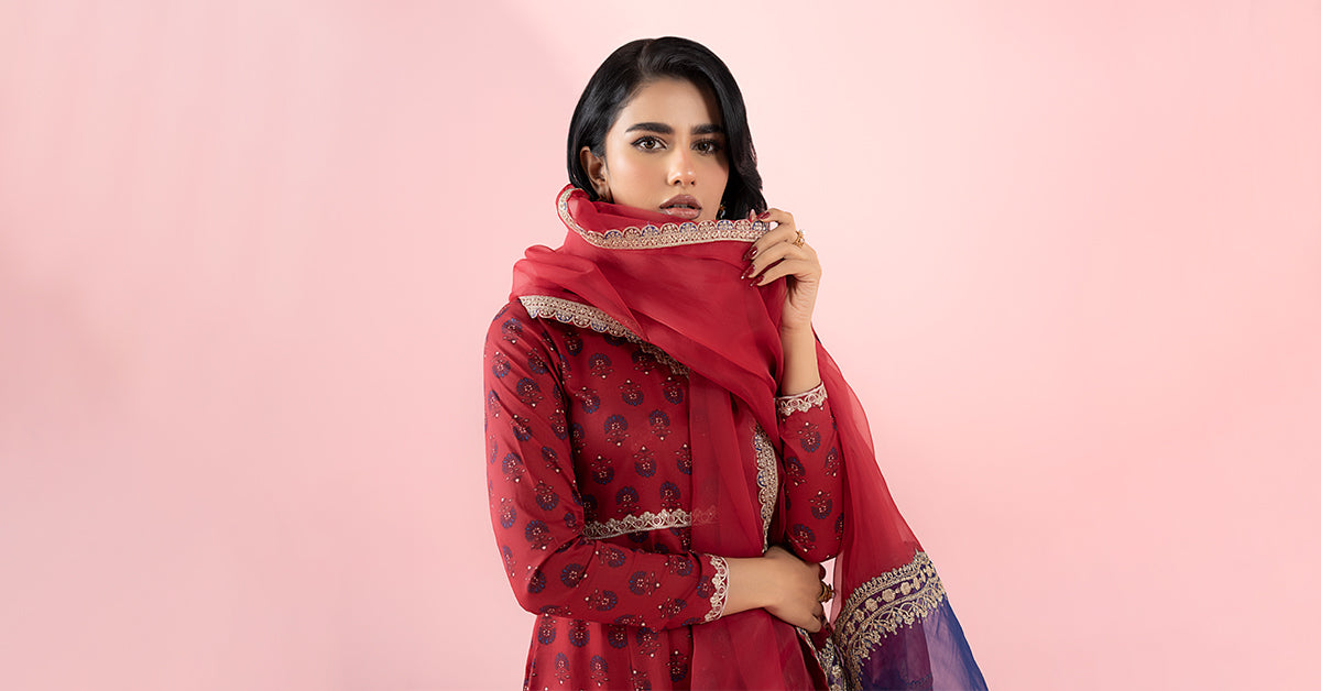 Pakistani Red Embroidered Lawn Angrakha Dress (3-Piece) - Image 10