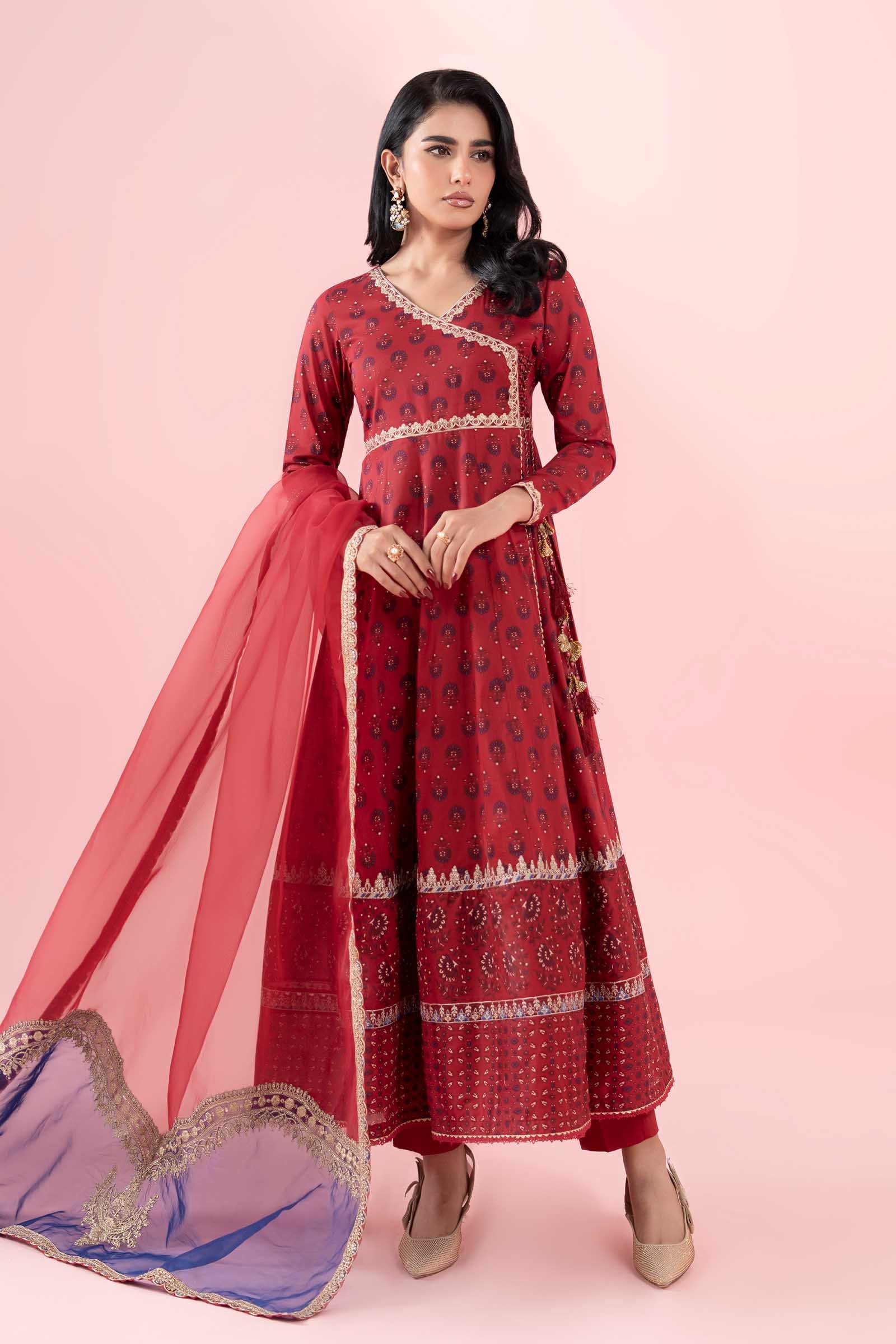 Pakistani Red Embroidered Lawn Angrakha Dress (3-Piece) - Image 2
