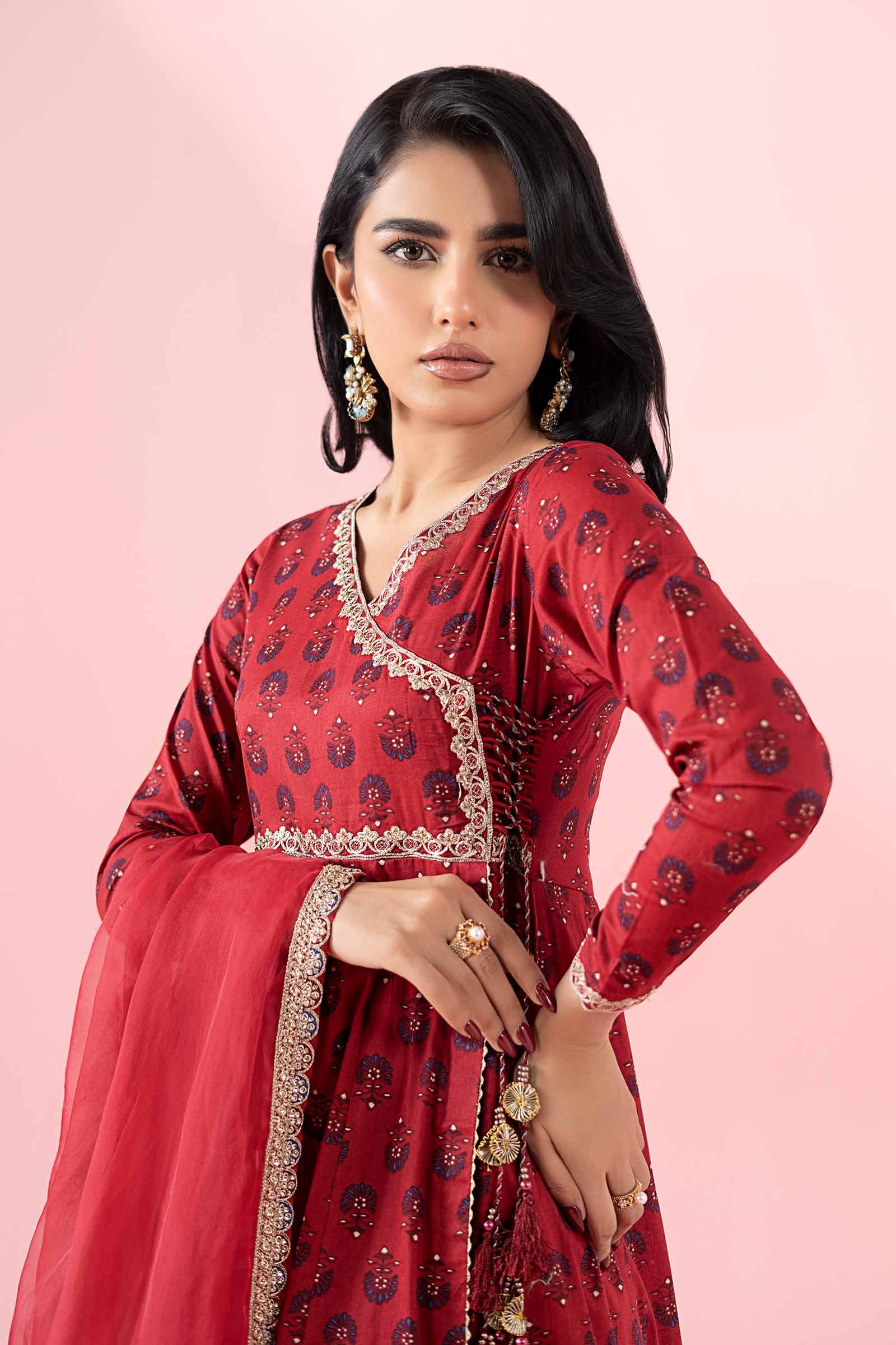 Pakistani Red Embroidered Lawn Angrakha Dress (3-Piece) - Image 3