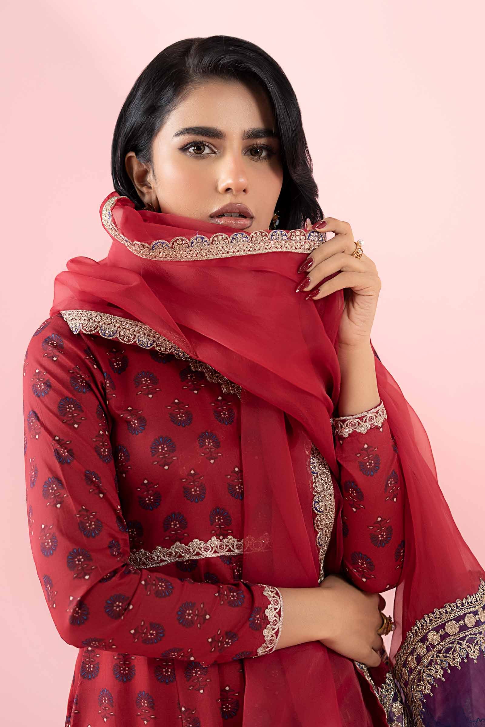 Pakistani Red Embroidered Lawn Angrakha Dress (3-Piece) - Image 4