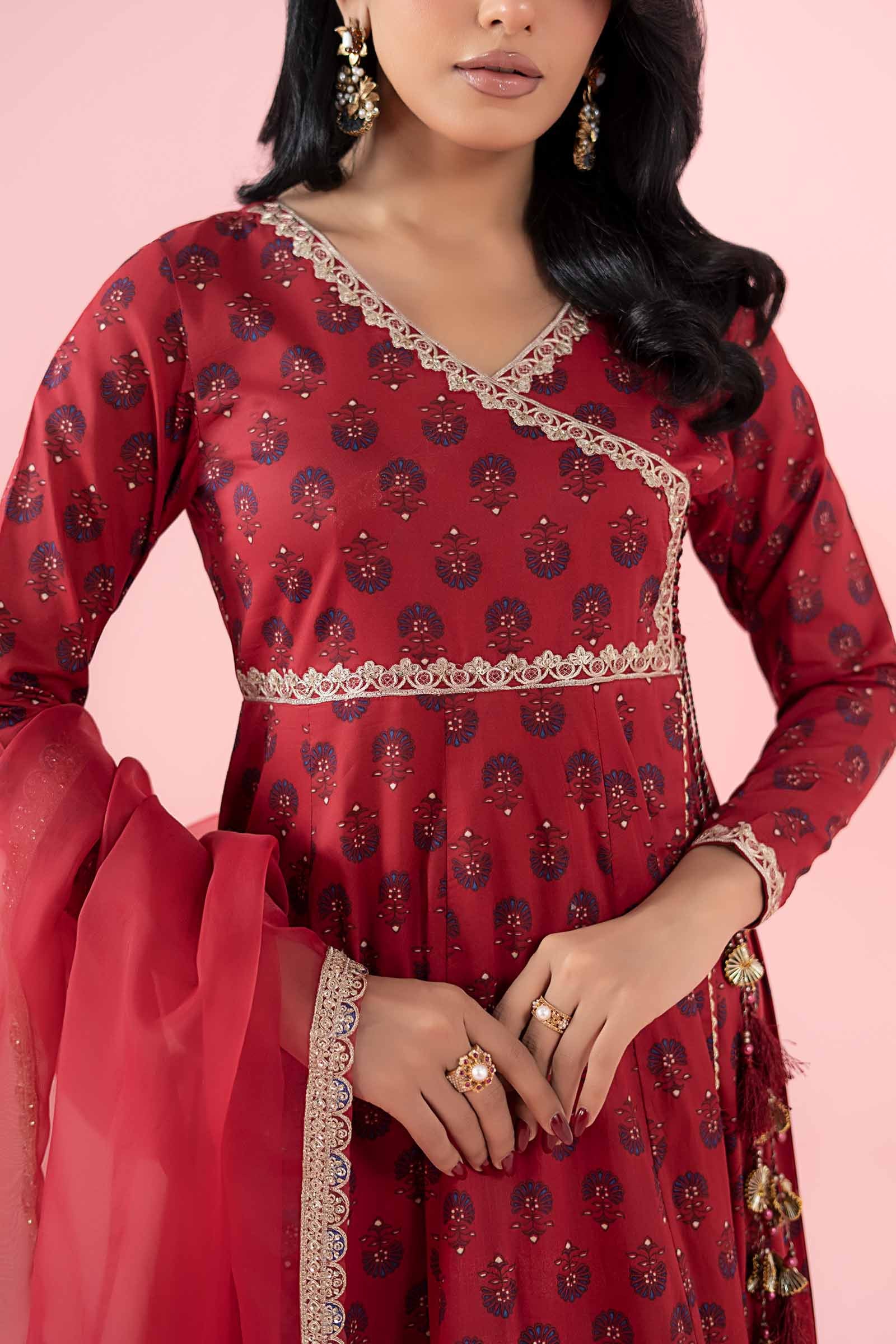 Pakistani Red Embroidered Lawn Angrakha Dress (3-Piece) - Image 5