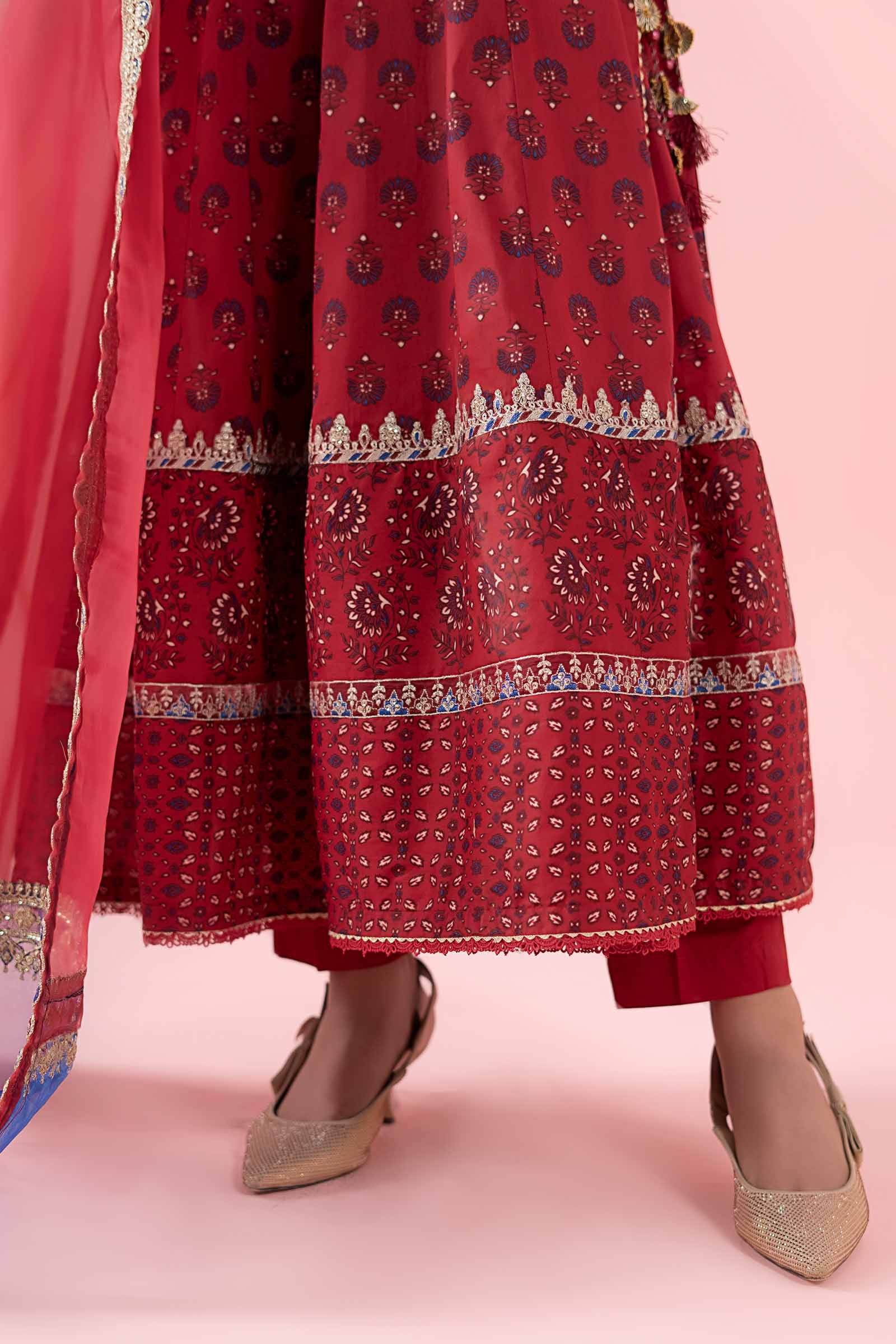 Pakistani Red Embroidered Lawn Angrakha Dress (3-Piece) - Image 6