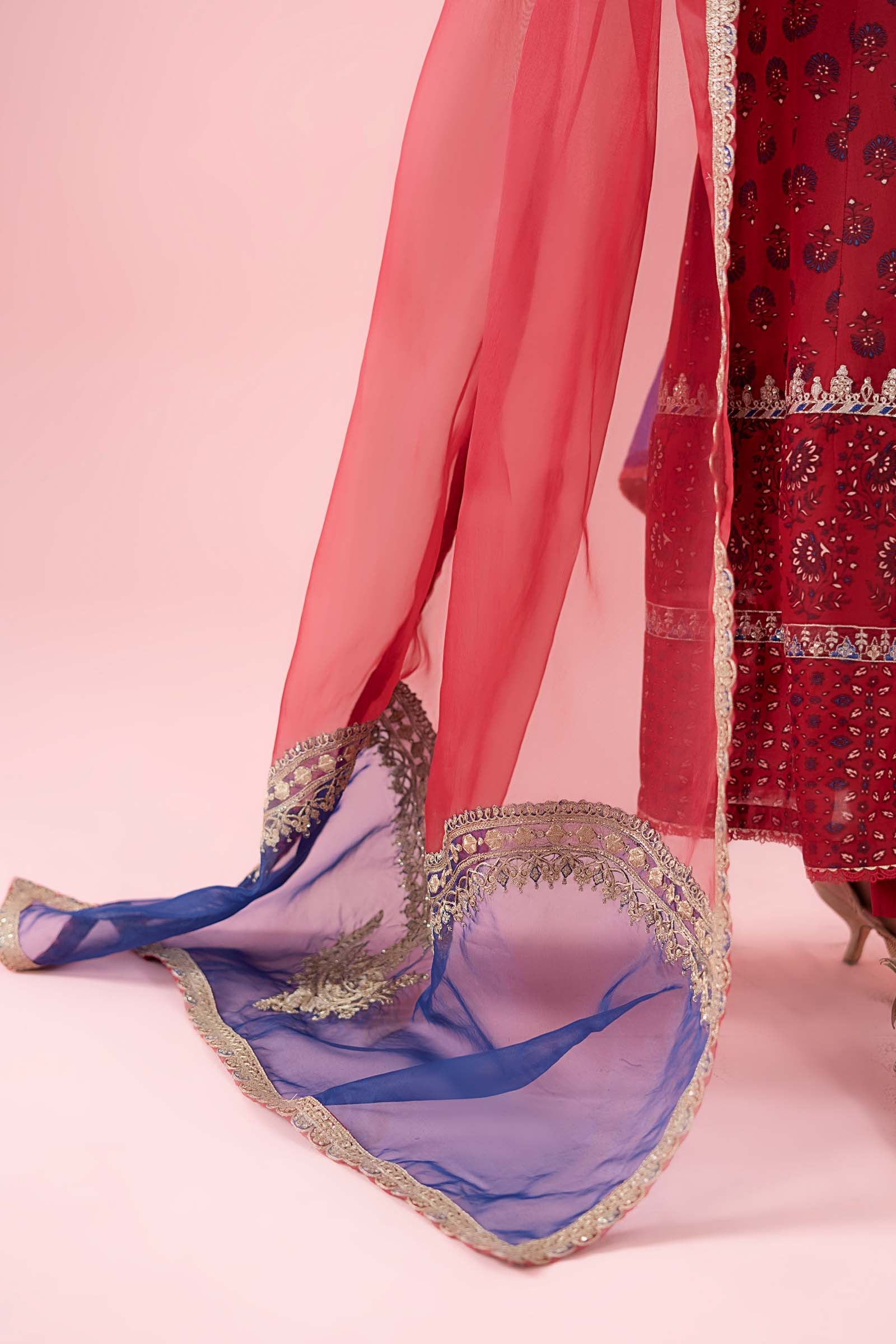 Pakistani Red Embroidered Lawn Angrakha Dress (3-Piece) - Image 7