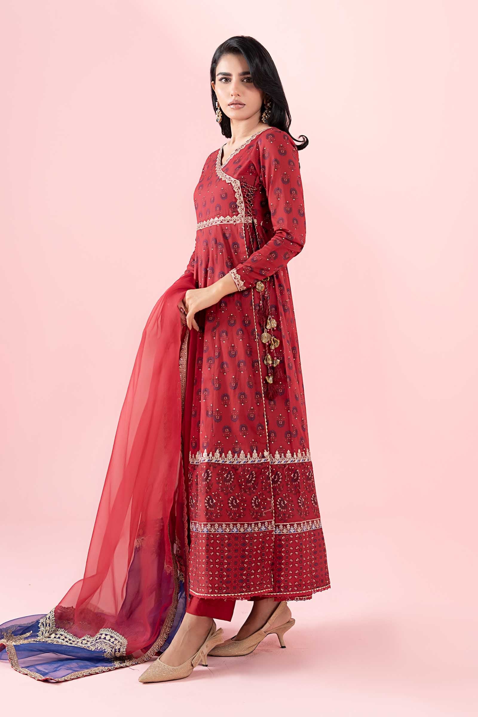 Pakistani Red Embroidered Lawn Angrakha Dress (3-Piece) - Image 8